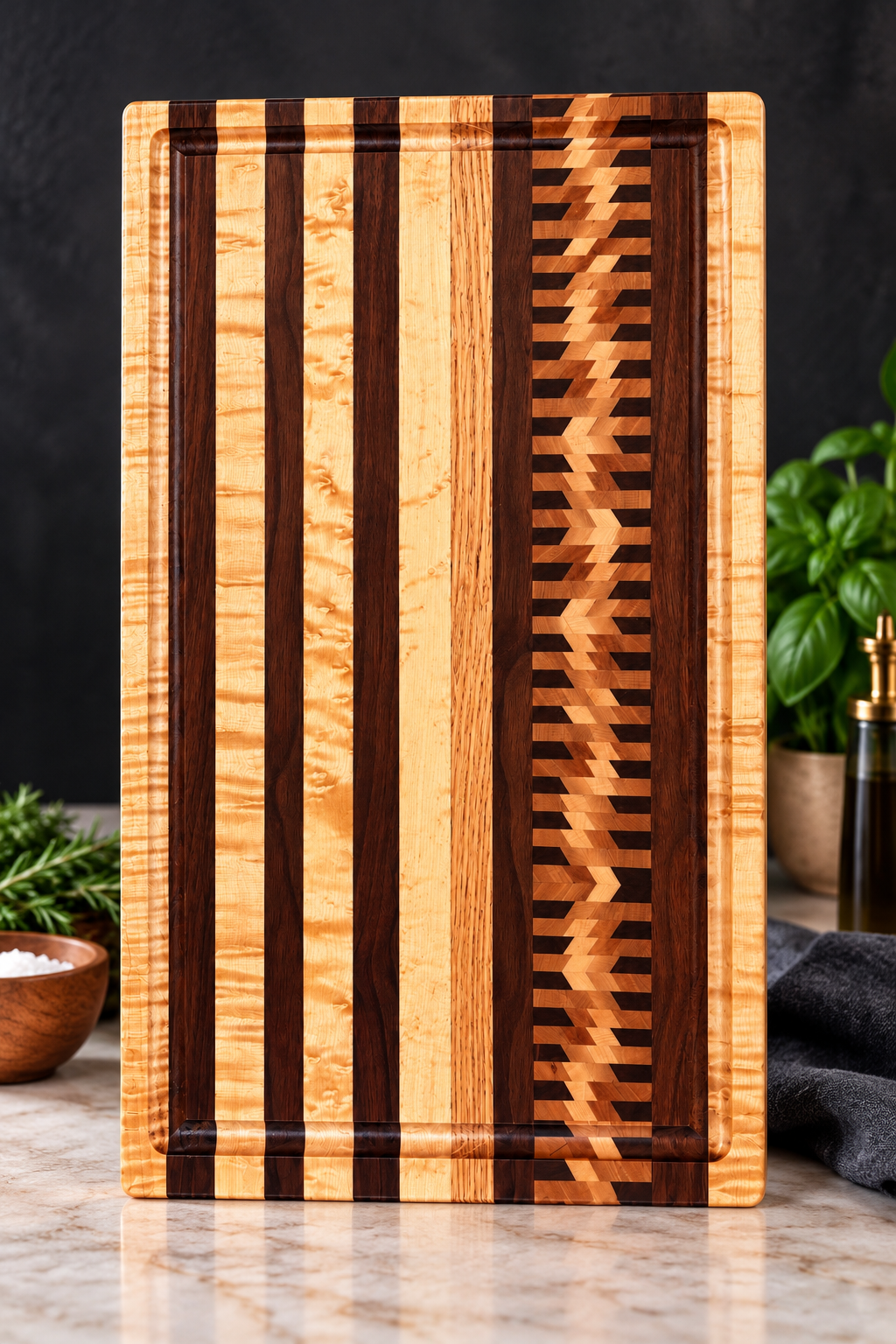 Example edge-grain cutting board with maple, walnut, and oak stripes and a herringbone inlay accent