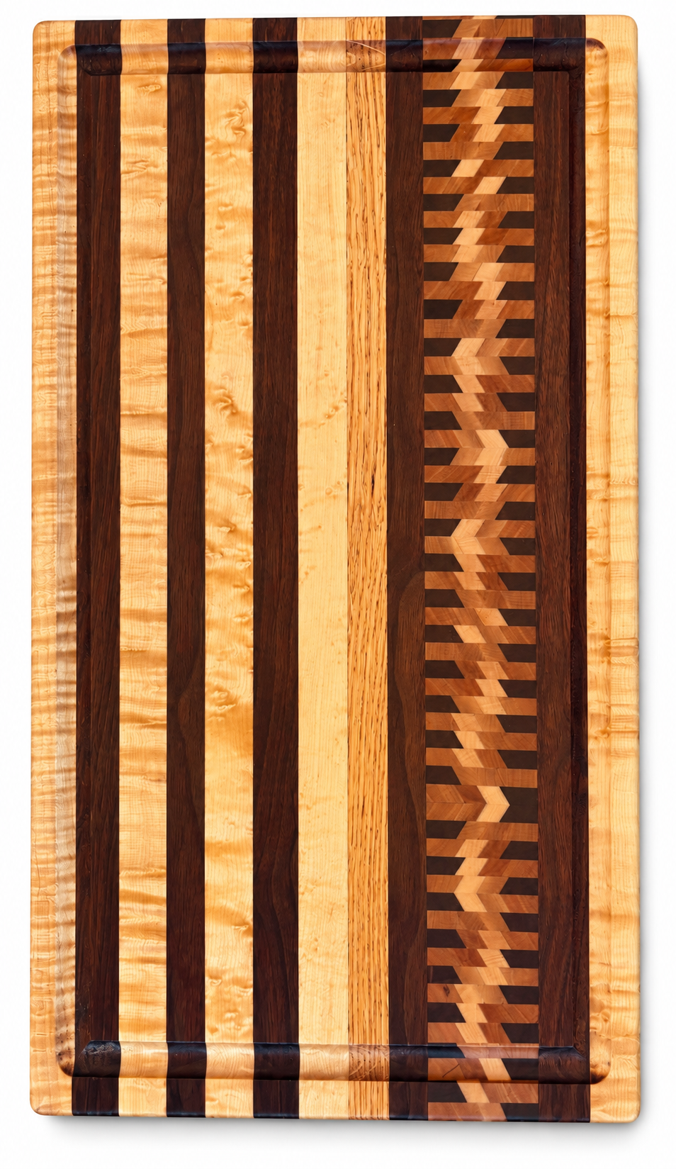 One-of-a-kind cutting board with vertical stripes of curly maple, walnut, and oak, plus a herringbone inlay accent
