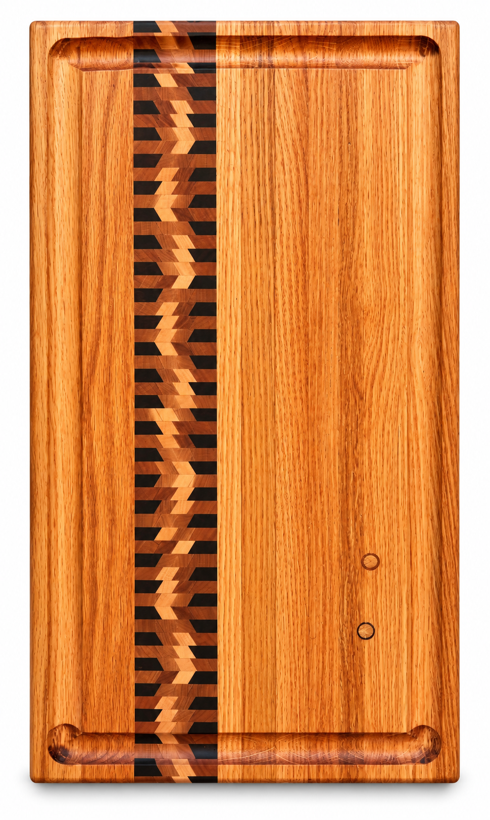 One-of-a-kind oak cutting board with an off-center herringbone inlay strip in walnut and maple