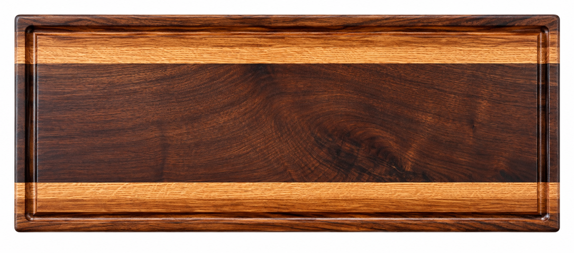 One-of-a-kind wide serving board with a book-matched walnut center and oak strips along the top and bottom edges