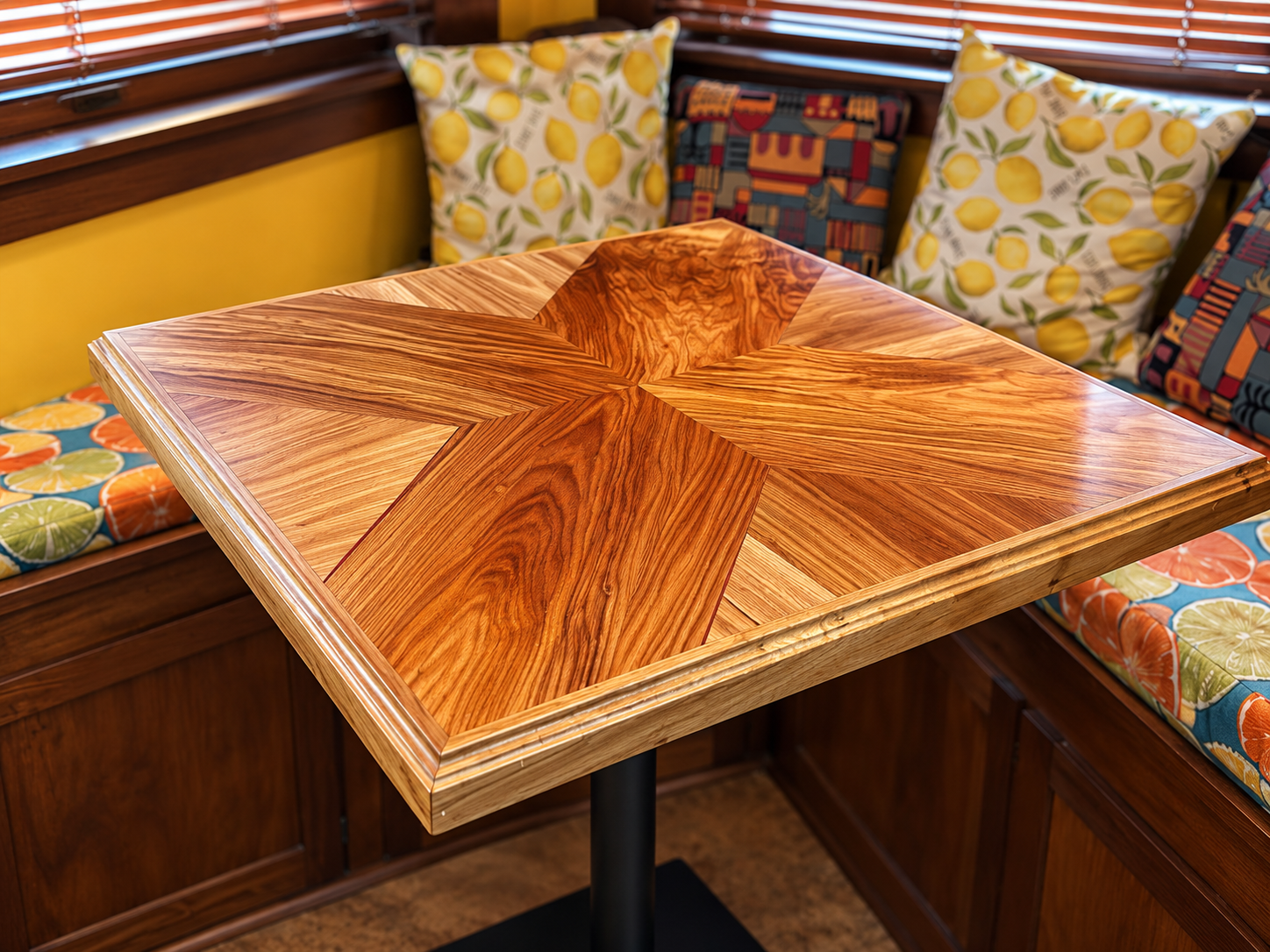 Close-up of a custom booth table with a radiating star-pattern wood top, built by Hardhat Hardwoods